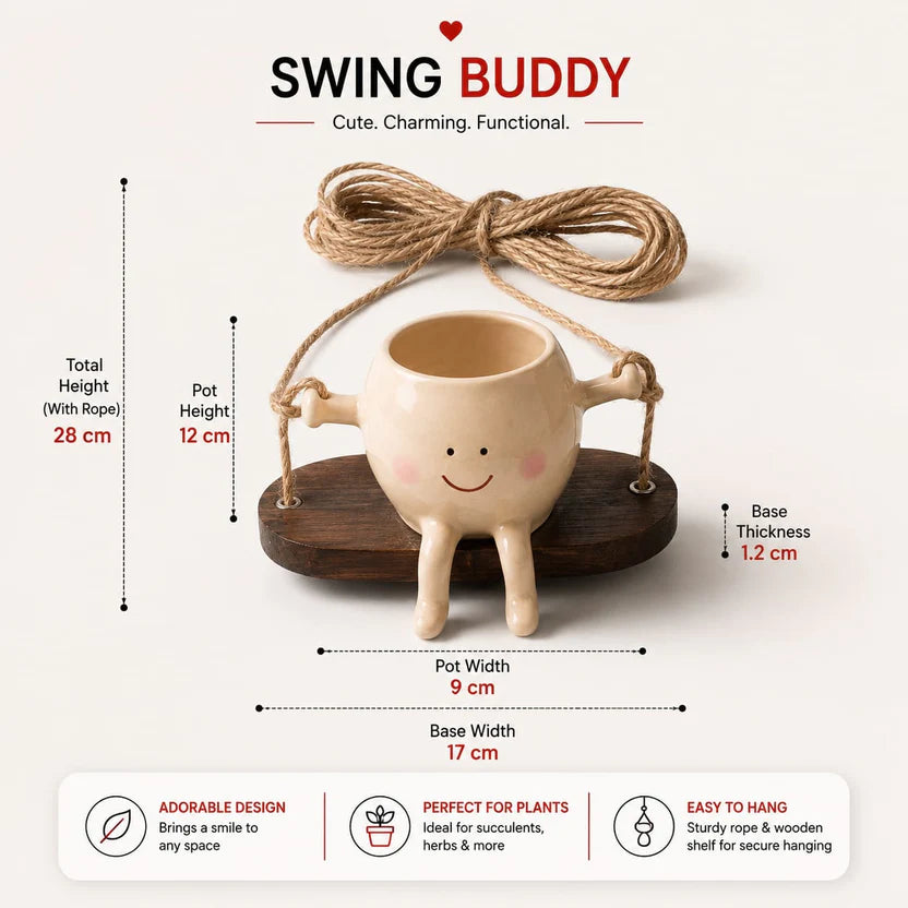 Cute Smiley Face Hanging Ceramic Planter - Swing Buddy for Balcony, Garden & Home Decor